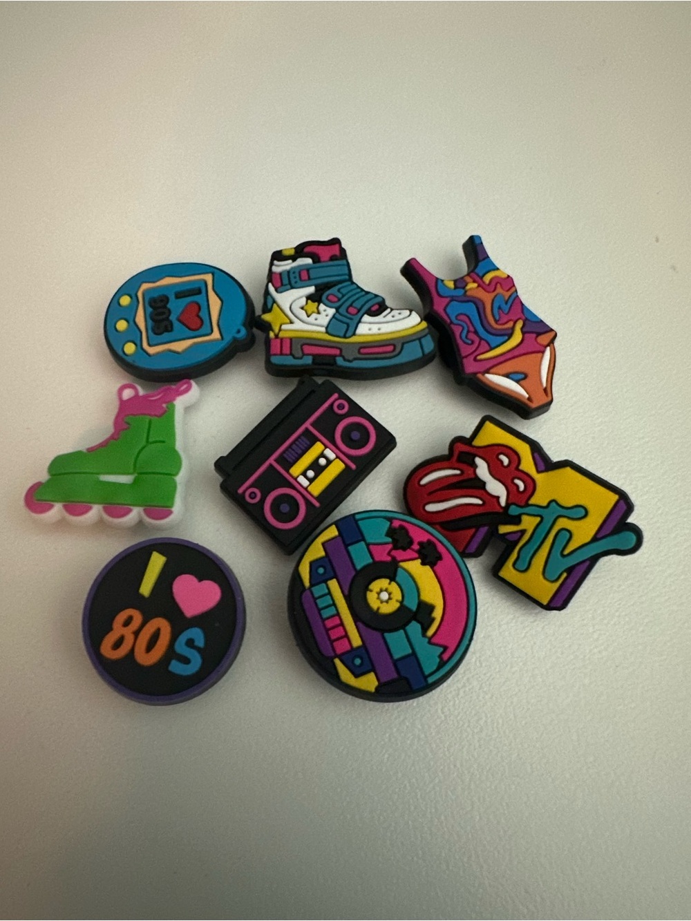 Colorful 80s Neon Rubber Shoe Charms - Retro Icons Set Bundle of 8